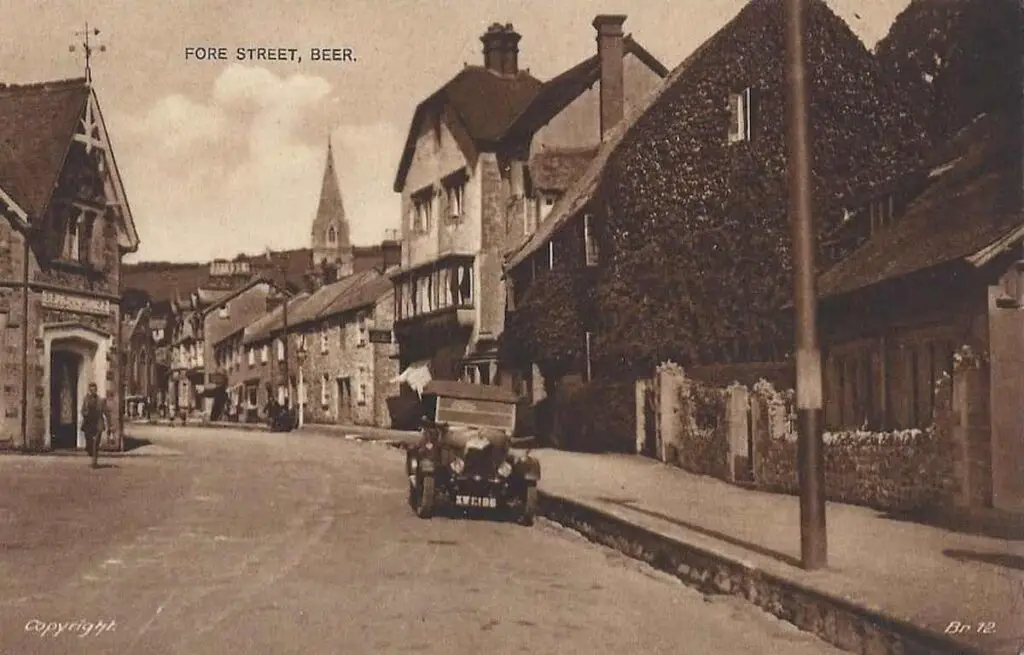 Vintage postcard of Fore Street in Beer, Devon, England