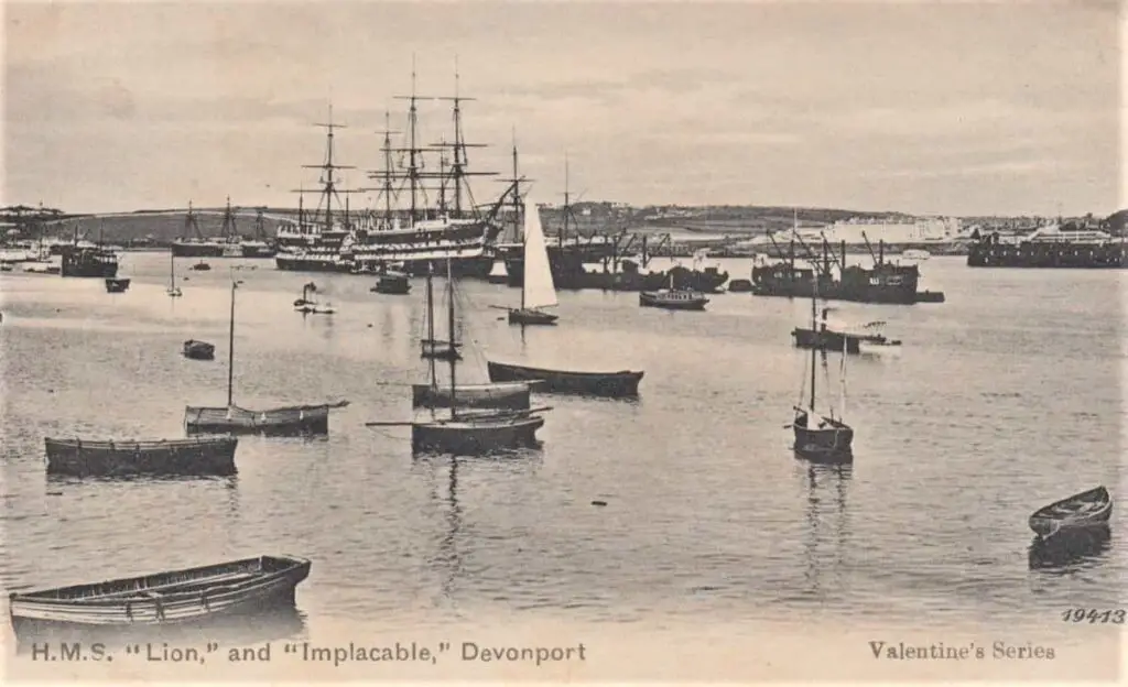 Vintage postcard of HMS Lion and HMS Implacable at Plymouth, Devon, England