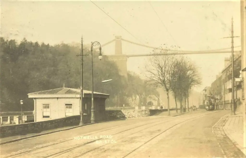 Vintage postcard of Hotwells Road in Bristol, circa 1907, with a trame and the Clifton Suspension Bridge in the background