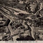 Vintage postcard of an aerial shot of Poole Station and Tram Terminus, Poole, Dorset, England