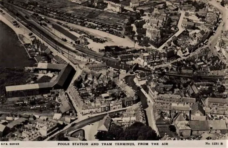Vintage postcard of an aerial shot of Poole Station and Tram Terminus, Poole, Dorset, England