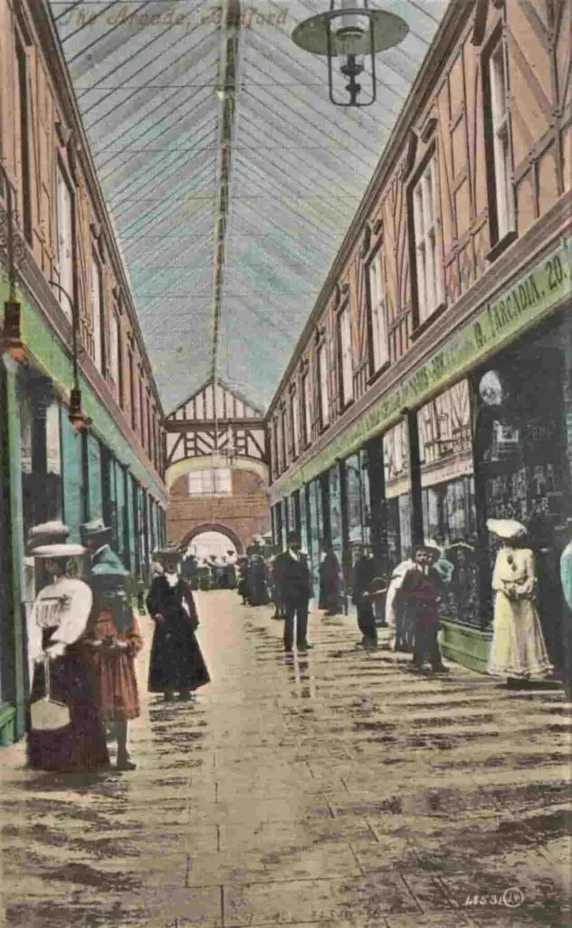 Vintage postcard of the Arcade at Bedford, in Bedfordshire, England, which was posted in 1906