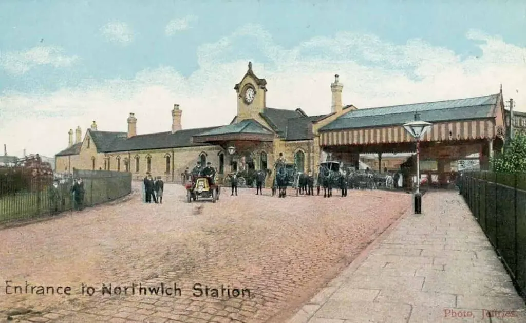 Vintage postcard of the entrance to Northwich Railway Station in Cheshire