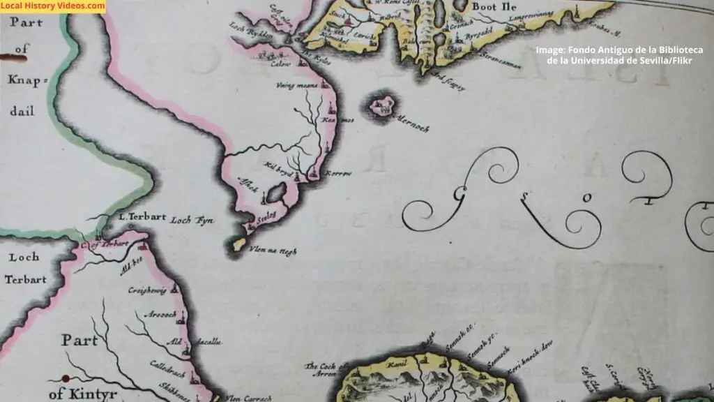 Closeup extract of an old map of the Isle of Arran in Scotland, showing the island's north east