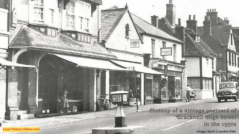 Closeup of a vintage postcard of Bracknell High Street in the 1950s