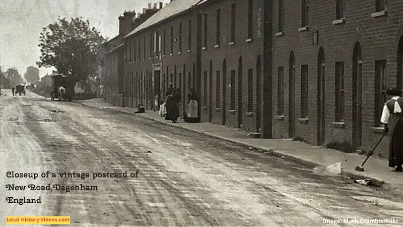 Closeup of a vintage postcard of New Road in Dagenham, England