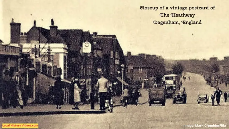 Closeup of a vintage postcard of The Heathway in Dagenham, England