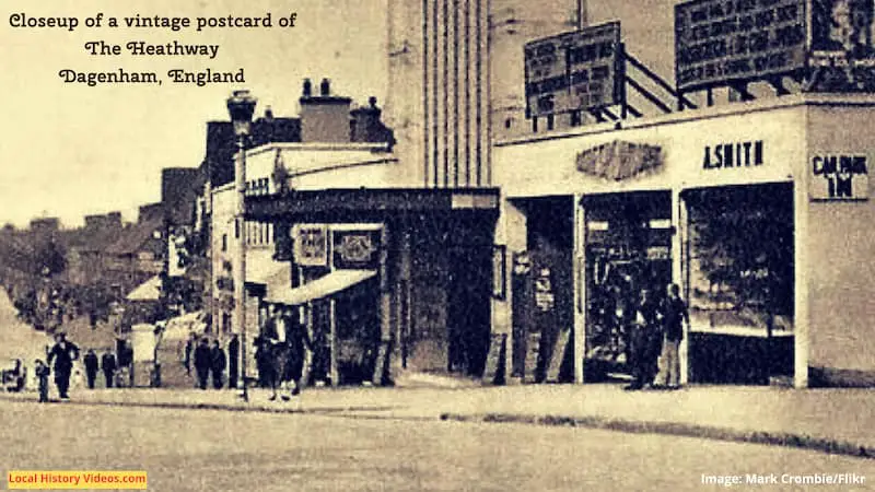Closeup of a vintage postcard of The Heathway in Dagenham, London, England