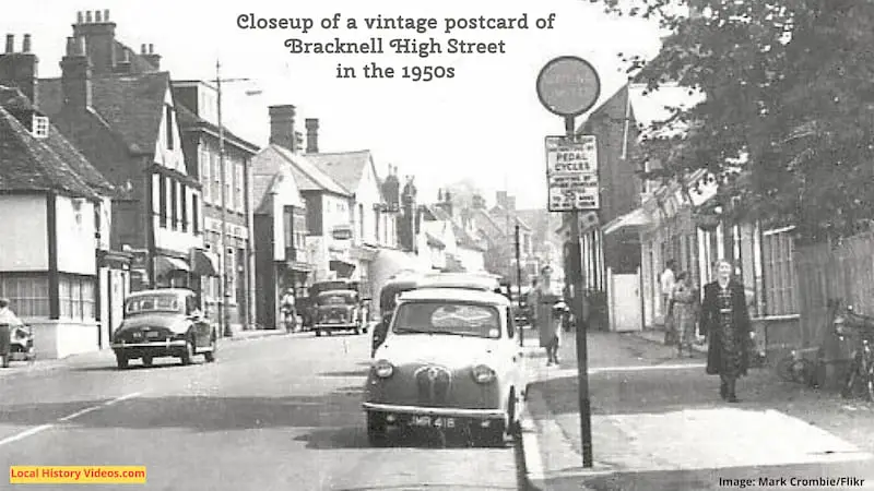 Closeup of a vintage postcard of the High Street, Bracknell, in the 1950s