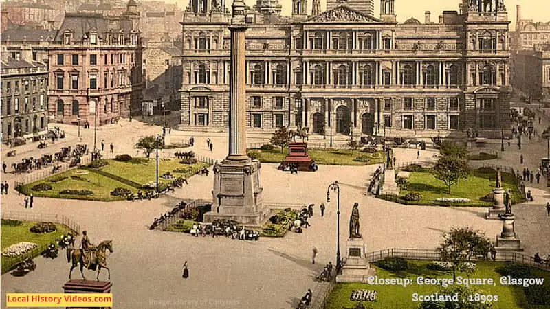 Closeup of an old photo of George Square, Glasgow, Scotland, in the 1890s