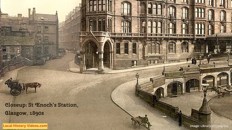 Closeup of an old photo of St Enoch's Station in Glasgow, Scotland, in the 1890s