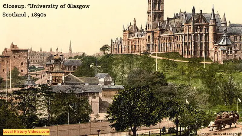 Closeup of an old photo of the University of Glasgow in the 1890s, Scotland