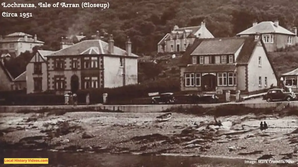 Closeup of an old photo postcard of Lochranza on the Isle of Arran, North Ayrshire, Scotland, circa 1951