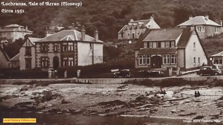 Closeup of an old photo postcard of Lochranza on the Isle of Arran, North Ayrshire, Scotland, circa 1951
