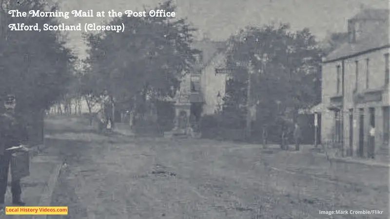 Closeup of an old photo postcard of the morning mail at Alford in Aberdeenshire, Scotland, circa 1909