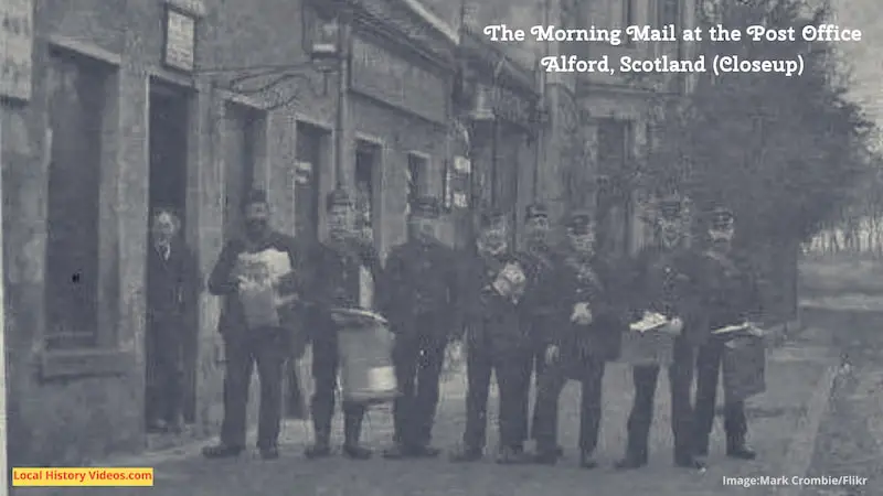 Closeup of the morning mail workers at the Alford Post Office, Aberdeenshire, Scotland, circa 1909