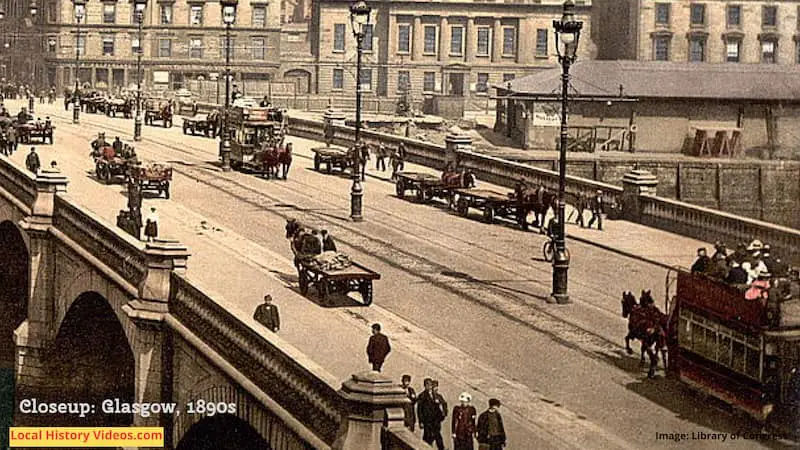Closeup of traffic in Glasgow in the 1890s, Scotland