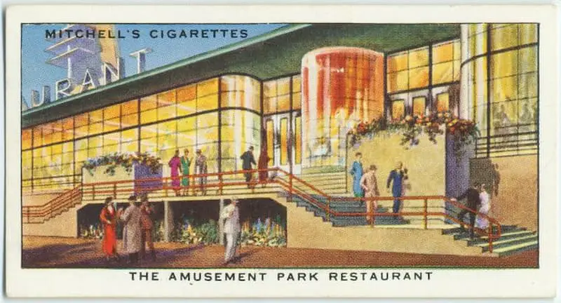 Old cigarette card of the Amusement Park Restaurant at the Empire Exhibition 1938 in Glasgow, Scotland