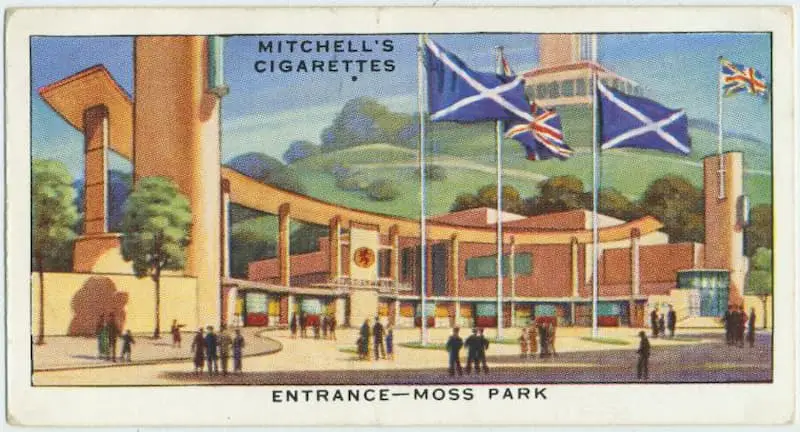 Old cigarette card of the Mosspark entrance to the Empire Exhibition of 1938, held in Glasgow, Scotland