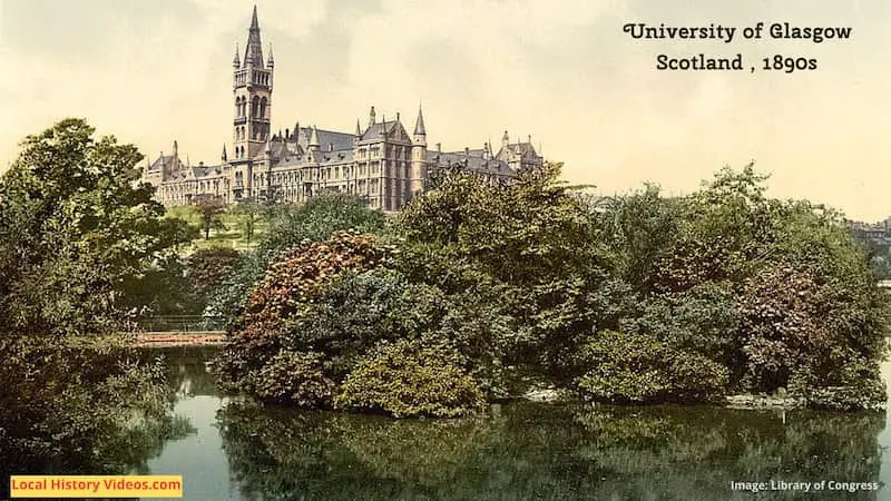 Old photo looking up at the University of Glasgow in the 1890s, Scotland