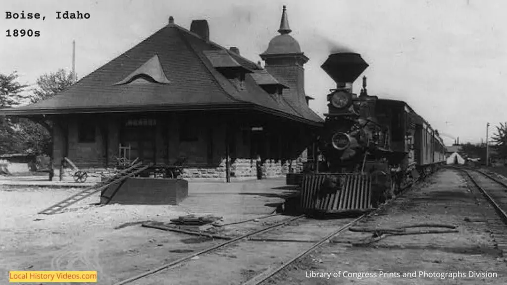 Old photo of a steam train at the depot in Boise, Idaho
