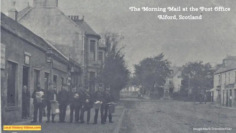 Old photo postcard of the morning mail at the Post Office in Alford, Aberdeenshire, Scotland, circa 1909