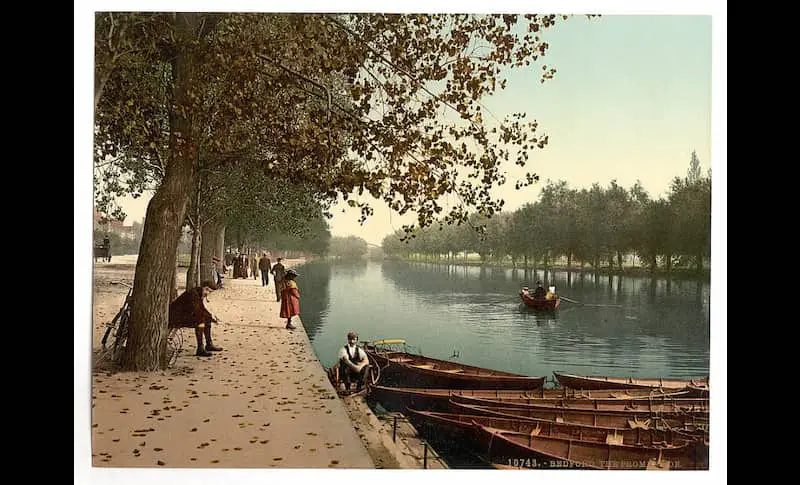 Old photochrom of the River Ouse at Bedford, England, in the 1890s