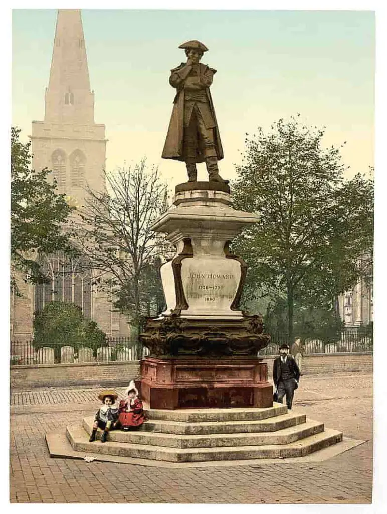 Old photochrom of the statue of philanthropist and prison reformer John Howard, 1726 to 1790, taken in Bedford, England, in the 1890s
