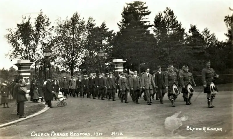 Old postcard of a Church Parade at Bedford, England, in 1914