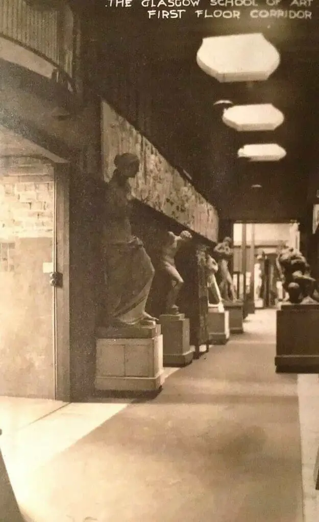 Vintage postcard of a corridor inside the Glasgow School of Art, Scotland, circa 1910