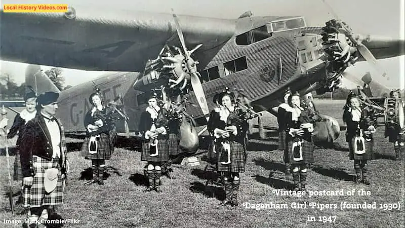 Vintage postcard of the Dagenham Girl Pipers (founded 1930) in 1947