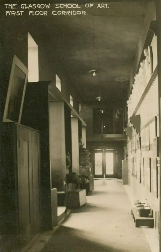 Vintage postcard of the first floor corridor inside the Glasgow School of Art, circa 1910