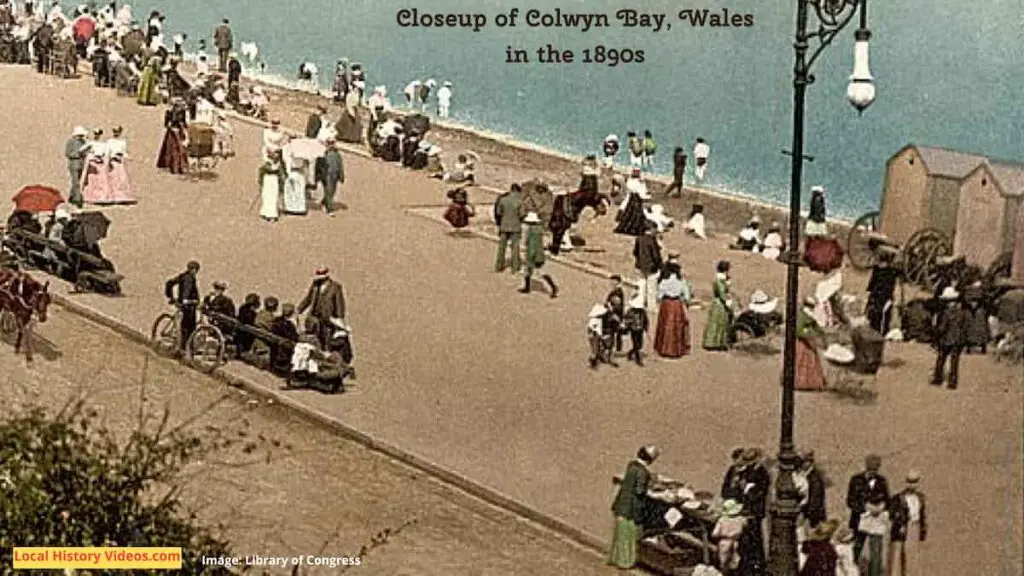 Closeup of an old photo of the beach at Colwyn Bay, Wales, in the 1890s