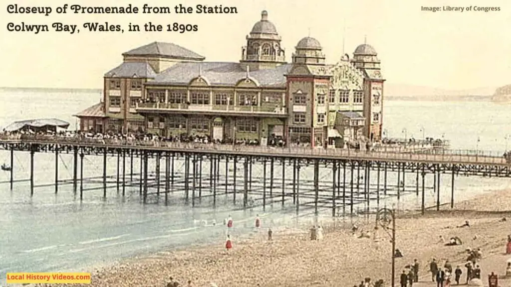 Closeup of the pier in an old photo of the promenade from the railway station in Colwyn Bay, Wales, taken in the 1890s