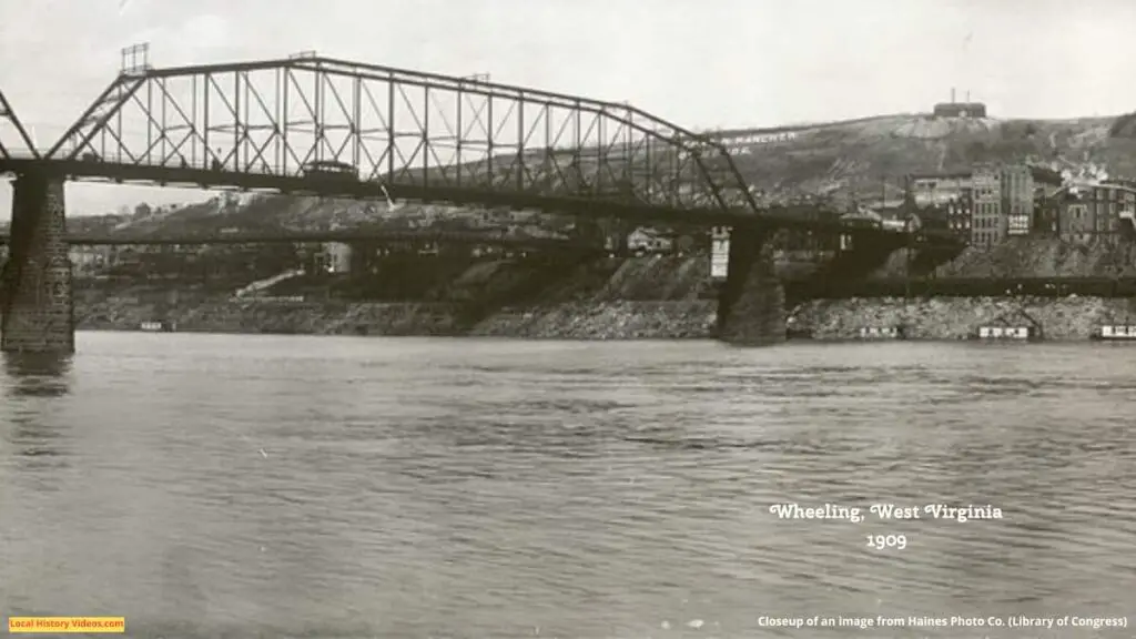 Closeup 1 of an old panorama photo of the riverfront at Wheeling, West Virginia, circa 1909