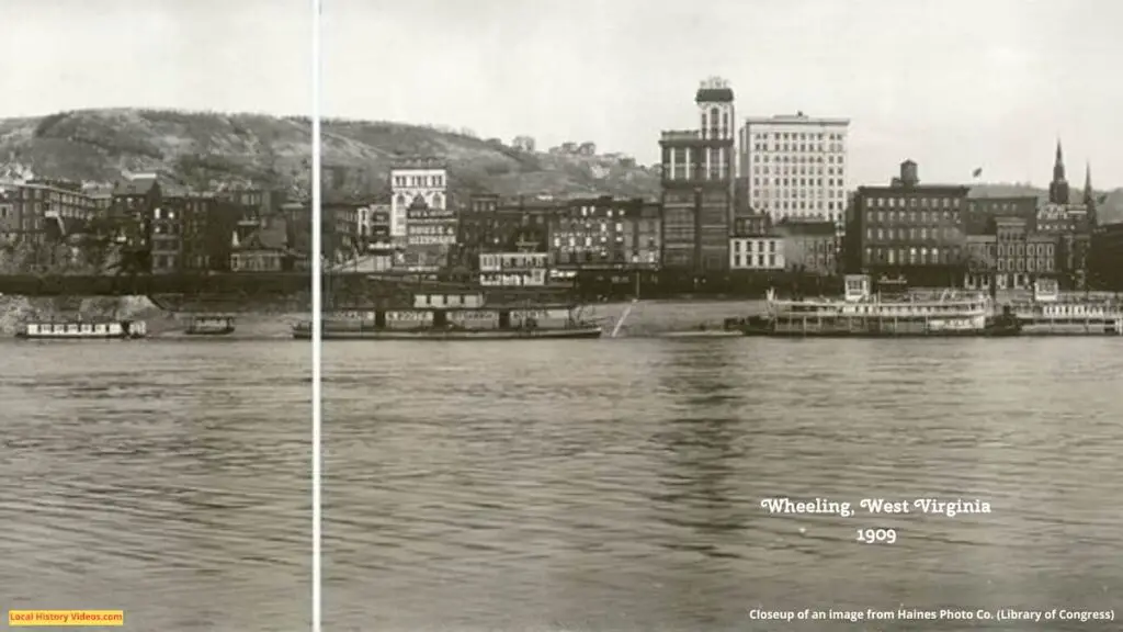 Closeup 2 of an old panorama photo of the riverfront at Wheeling, West Virginia, circa 1909