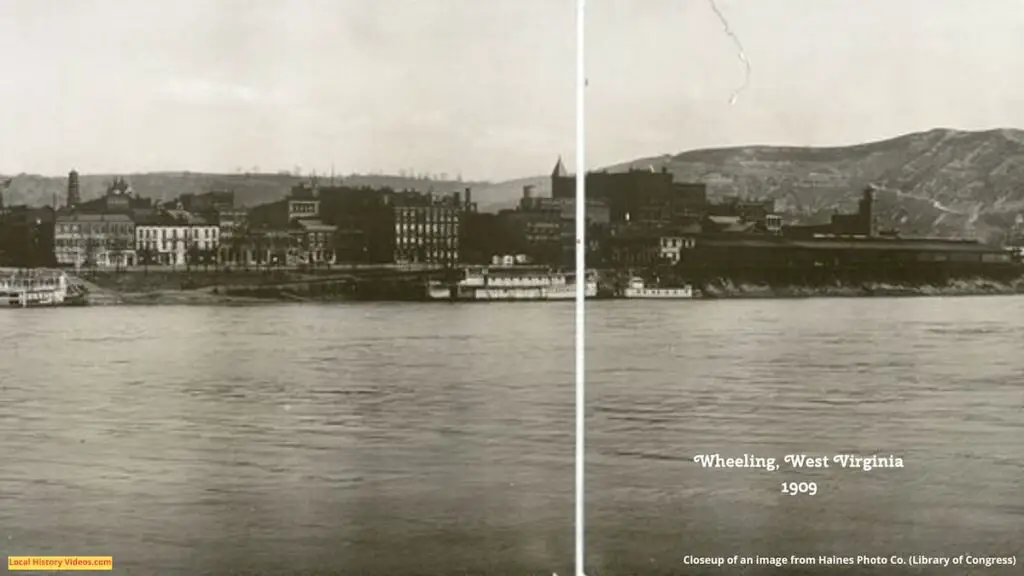 Closeup 3 of an old panorama photo of the riverfront at Wheeling, West Virginia, circa 1909