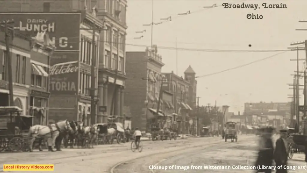 Closeup of an old photo of Broadway in Lorain, Ohio