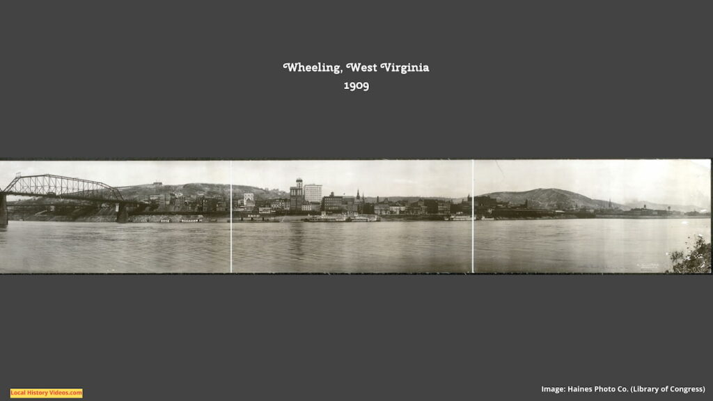 Old panorama photo of the riverfront at Wheeling, West Virginia, circa 1909
