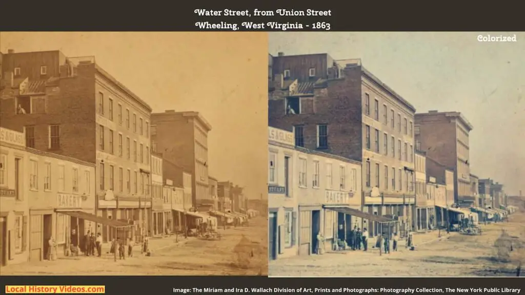 Old photo of Water Street in Wheeling, West Virginia, from Union Street, taken in 1863