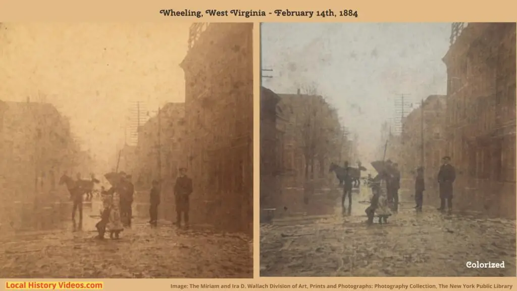 Old photo of a flooded street in Wheeling, West Virginia, on February 14, 1884