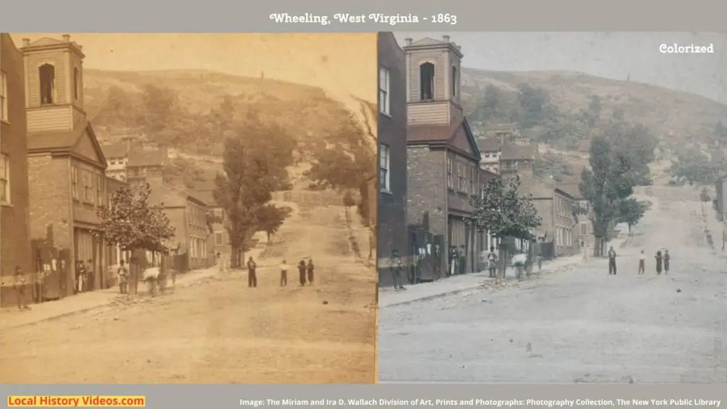 Old photo of a street in Wheeling, West Virginia, in 1863