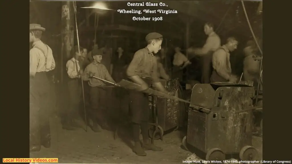 Old photo of boys and men at work at the Central Glass Company, Wheeling, West Virginia, in October 1908