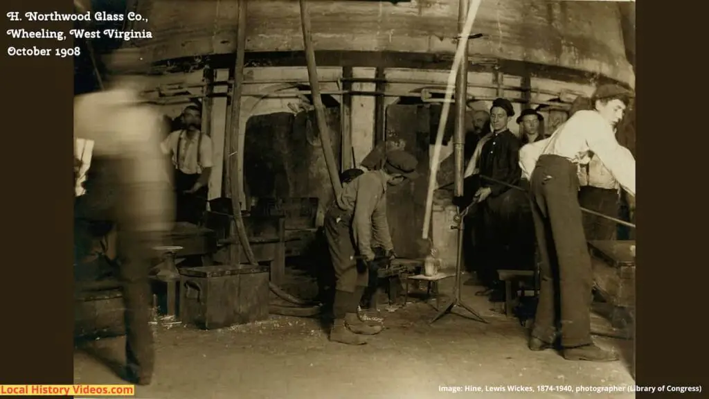 Old photo of men and boys at work at the H Northwood Glass Company in Wheeling, West Virginia, in October 1908
