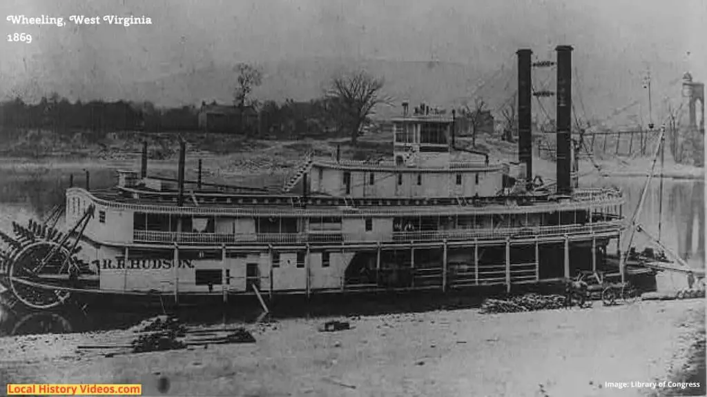 Old photo of the RR Hudson packet steamboat at Wheeling, West Virginia, in 1869