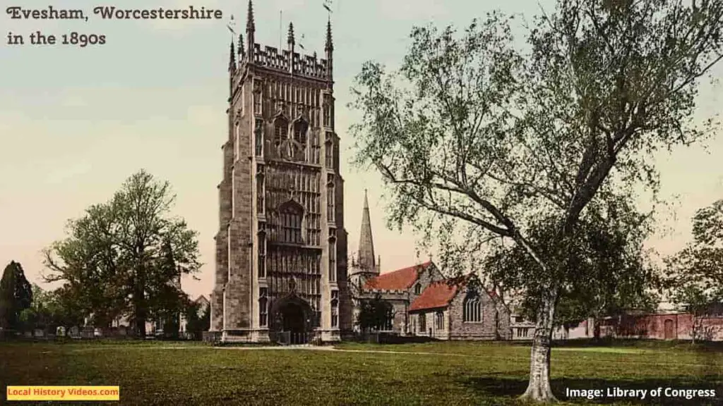Old photo of the bell tower at Evesham, Worcestershire, England, around the turn of the 20th century