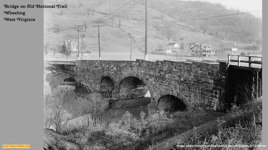 Old photo of the bridge on the Old National Trail at Wheeling, West Virginia