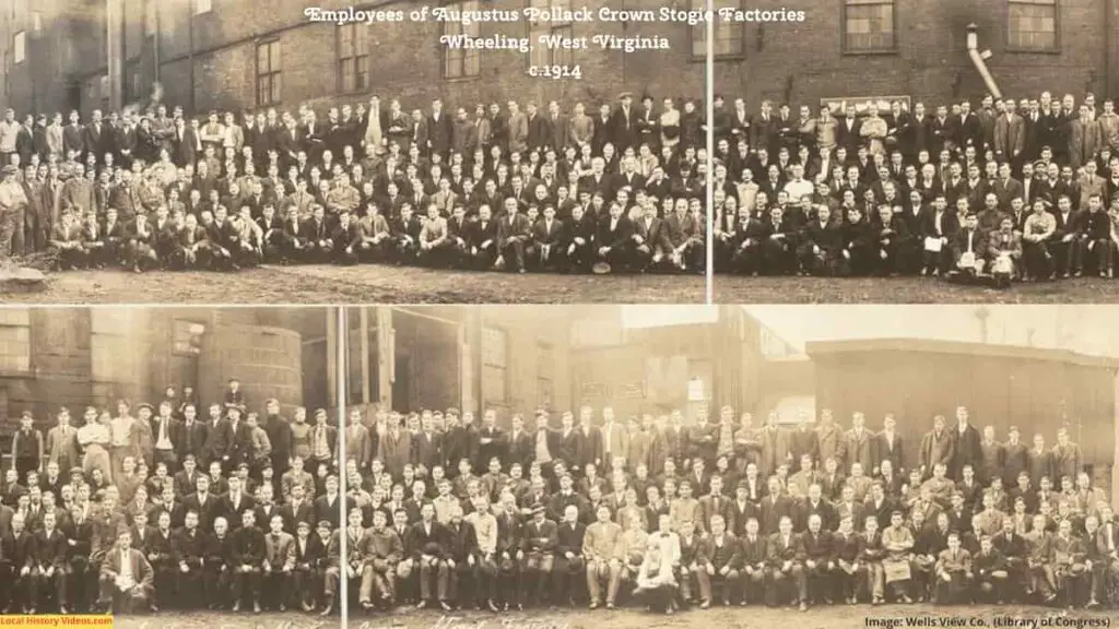Old photo of the employees of the Augustus Pollack Crown Stogie factories in Wheeling, West Virginia, circa 1914