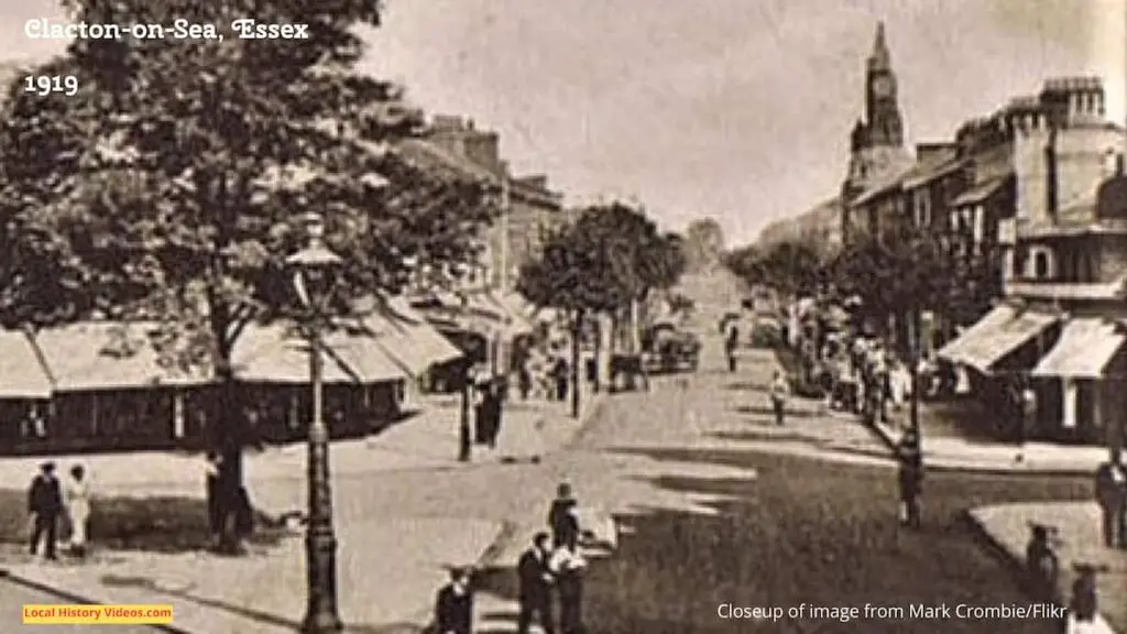 Closeup from an old photo postcard of Station Road and Pier Avenue, Clacton-on-Sea, Essex, circa 1919