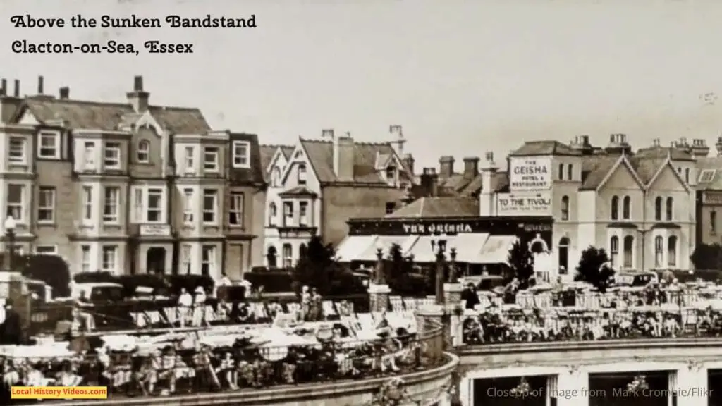 Closeup from an old photo postcard of the Sunken Bandstand at Clacton-on-Sea, Essex, England